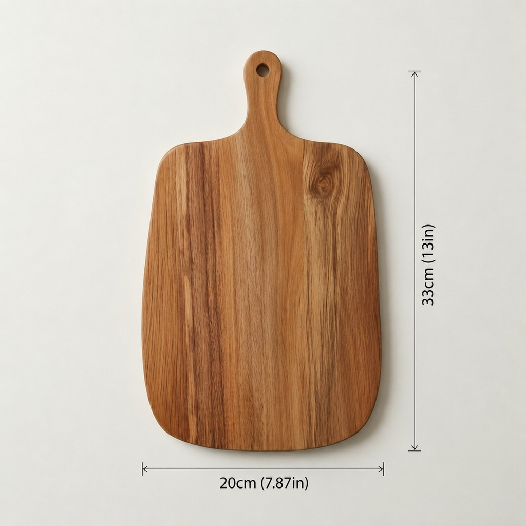 Wooden cutting board with dimensions on a light gray background