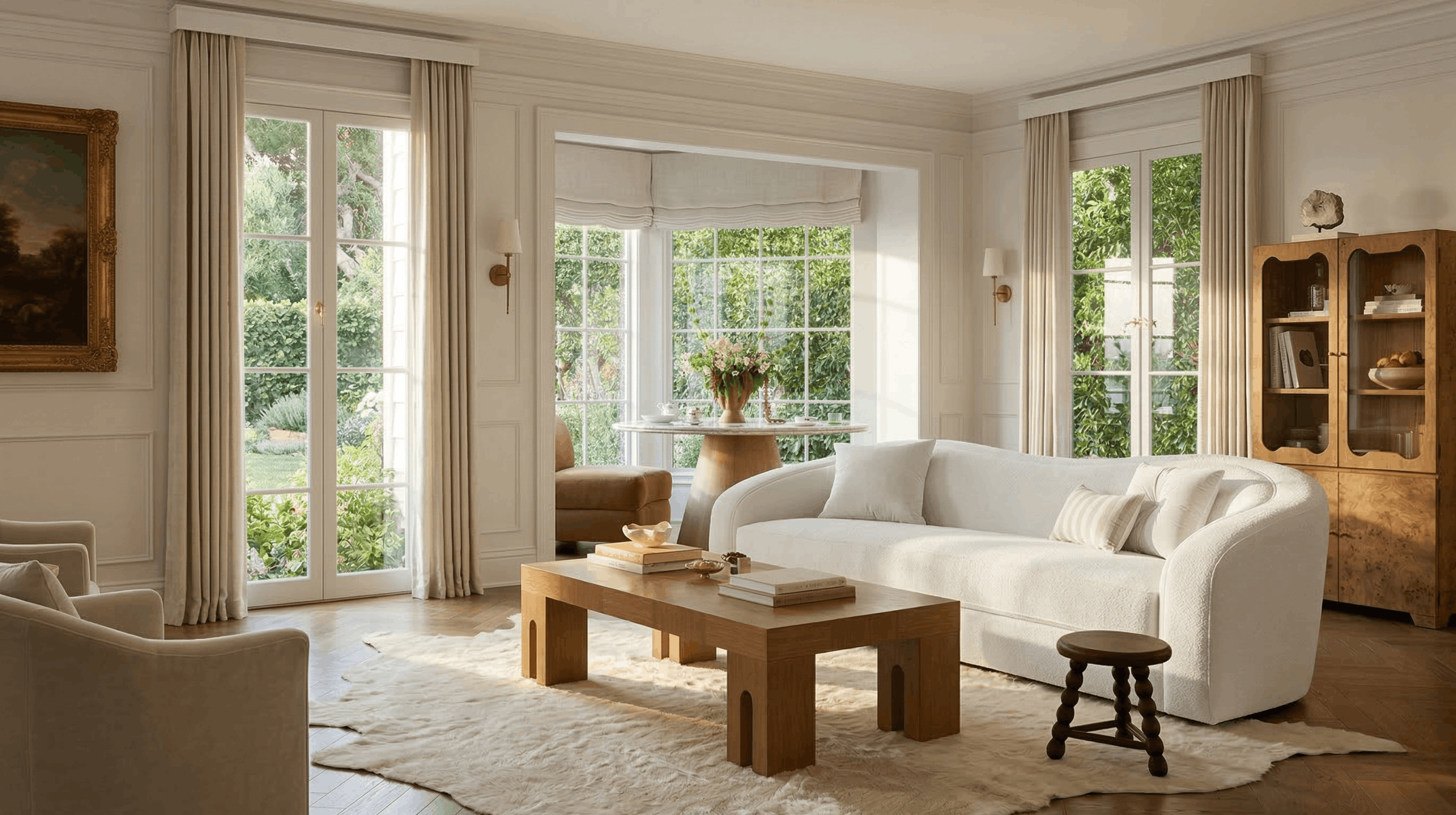 Living room with white sofa, wooden coffee table, and large windows.