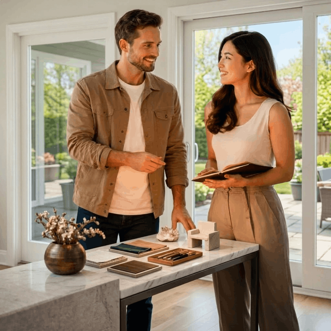 Man and women smiling in a room standing next to a white granite table