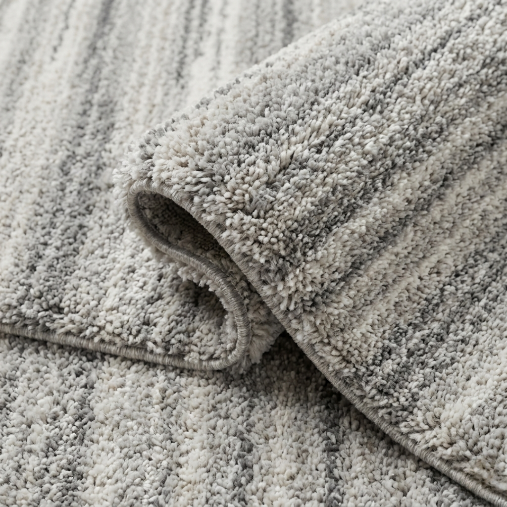 Close-up of a textured gray rug with a rolled edge.