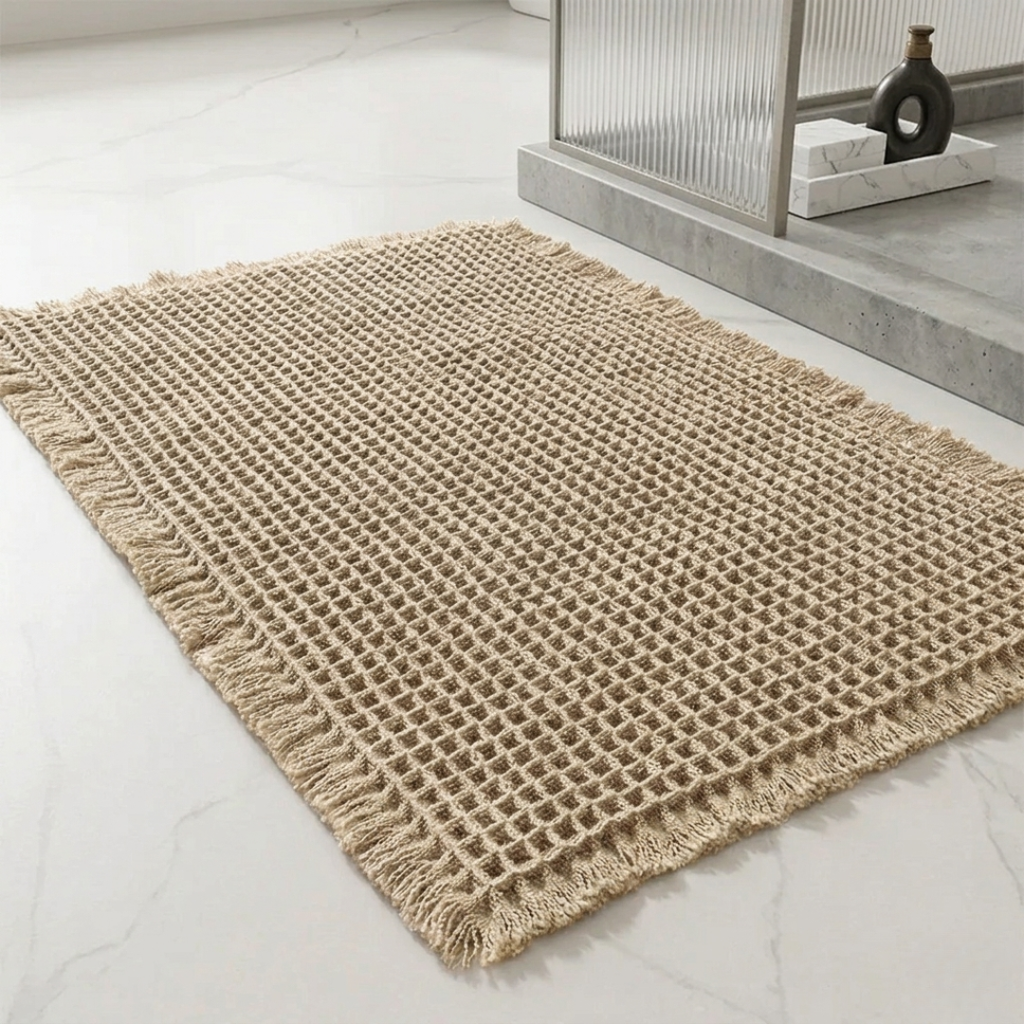 Beige woven rug on a light gray floor with a modern decor background.
