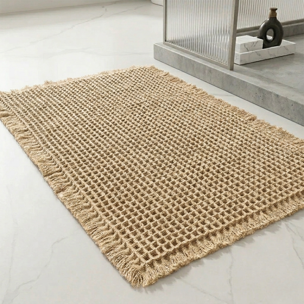 Beige woven rug on a light gray floor