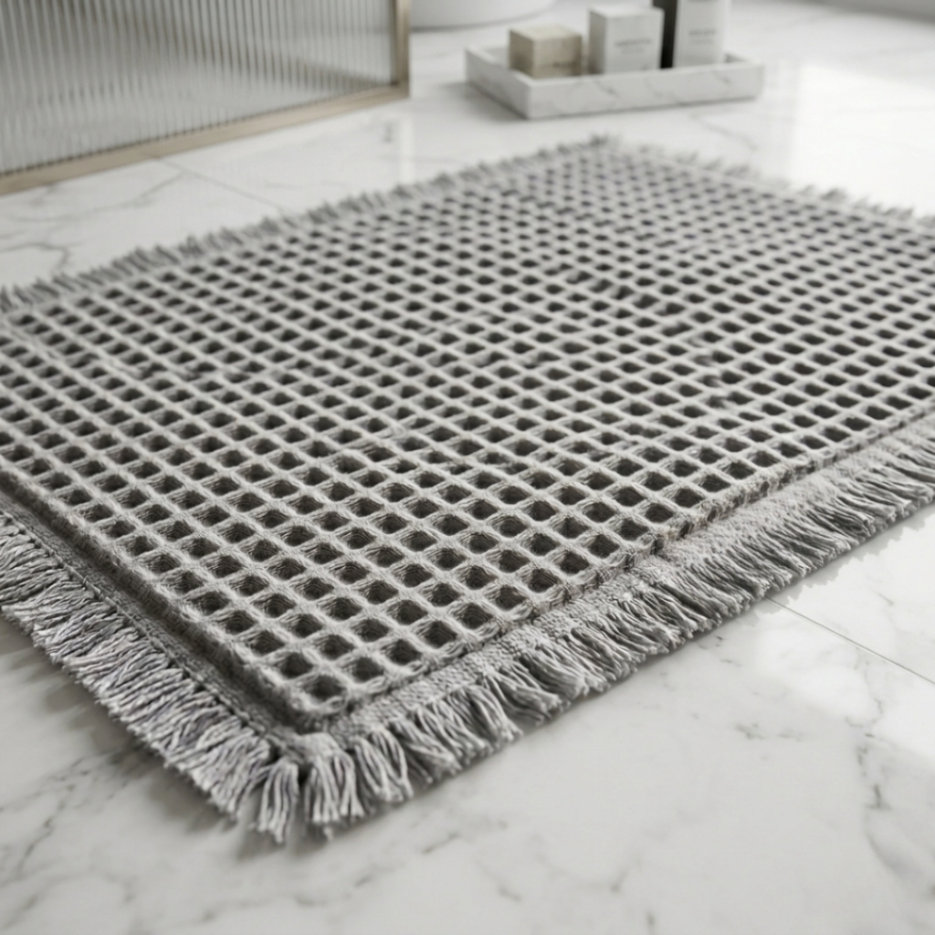 Gray woven rug with tassels on a marble floor