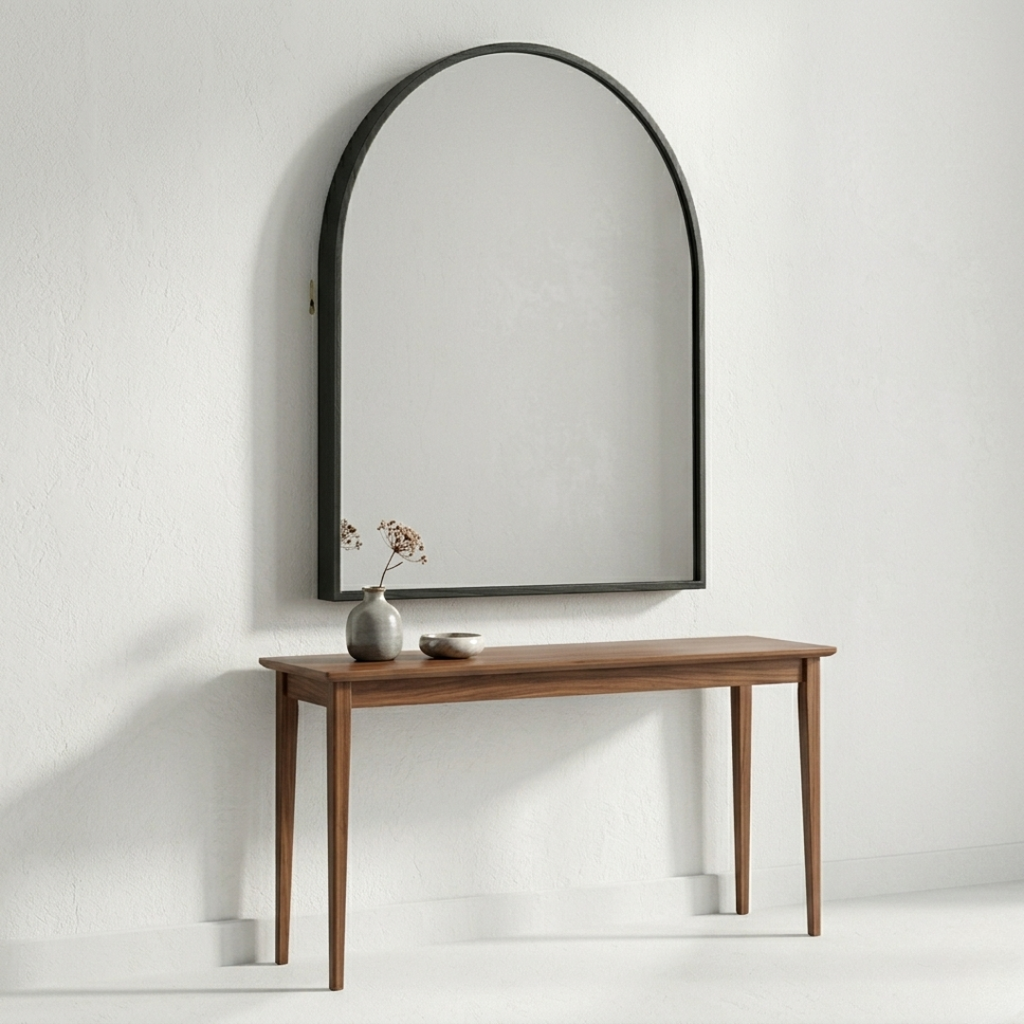 Wooden console table with a large arch-shaped mirror on a white wall.
