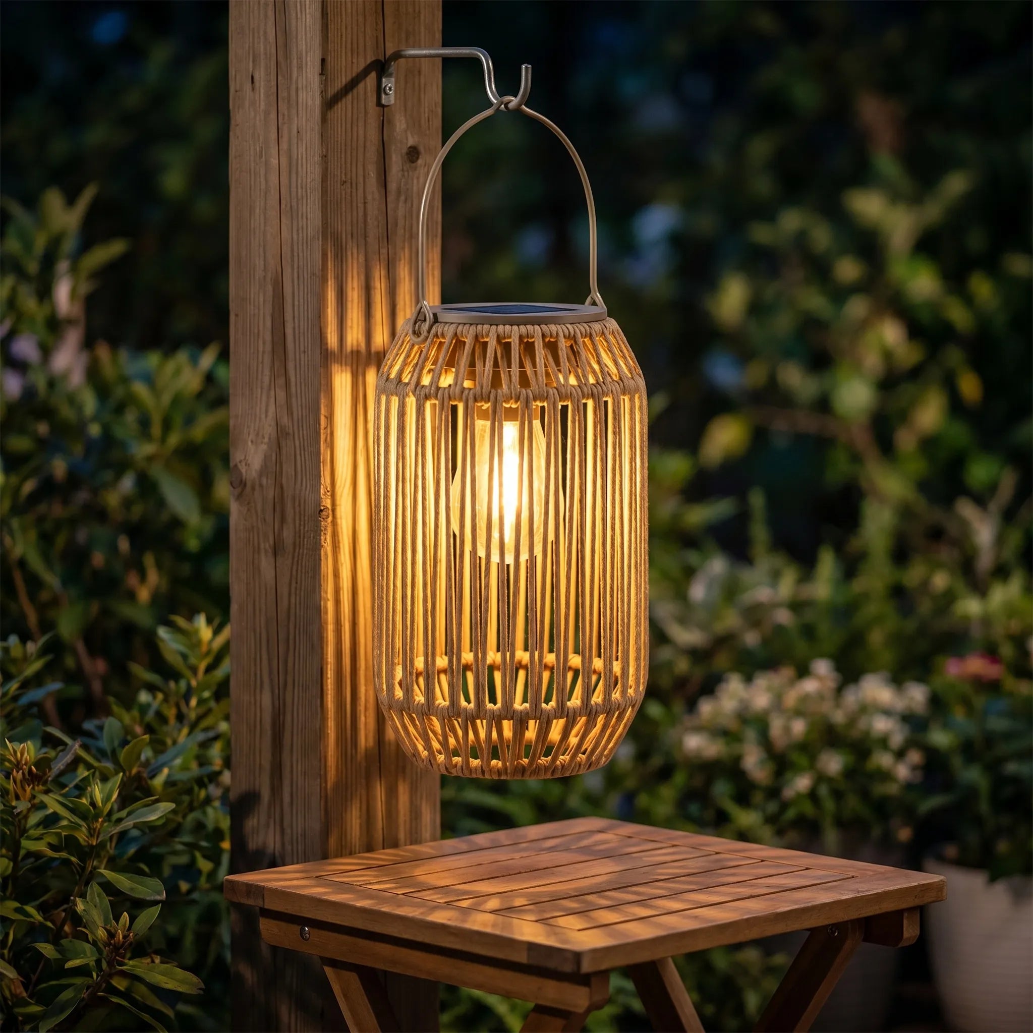 Hanging Solar Rattan Lantern — Woven, Warm White LED, Outdoor