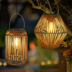 Hanging Solar Rattan Lantern — Woven, Warm White LED, Outdoor