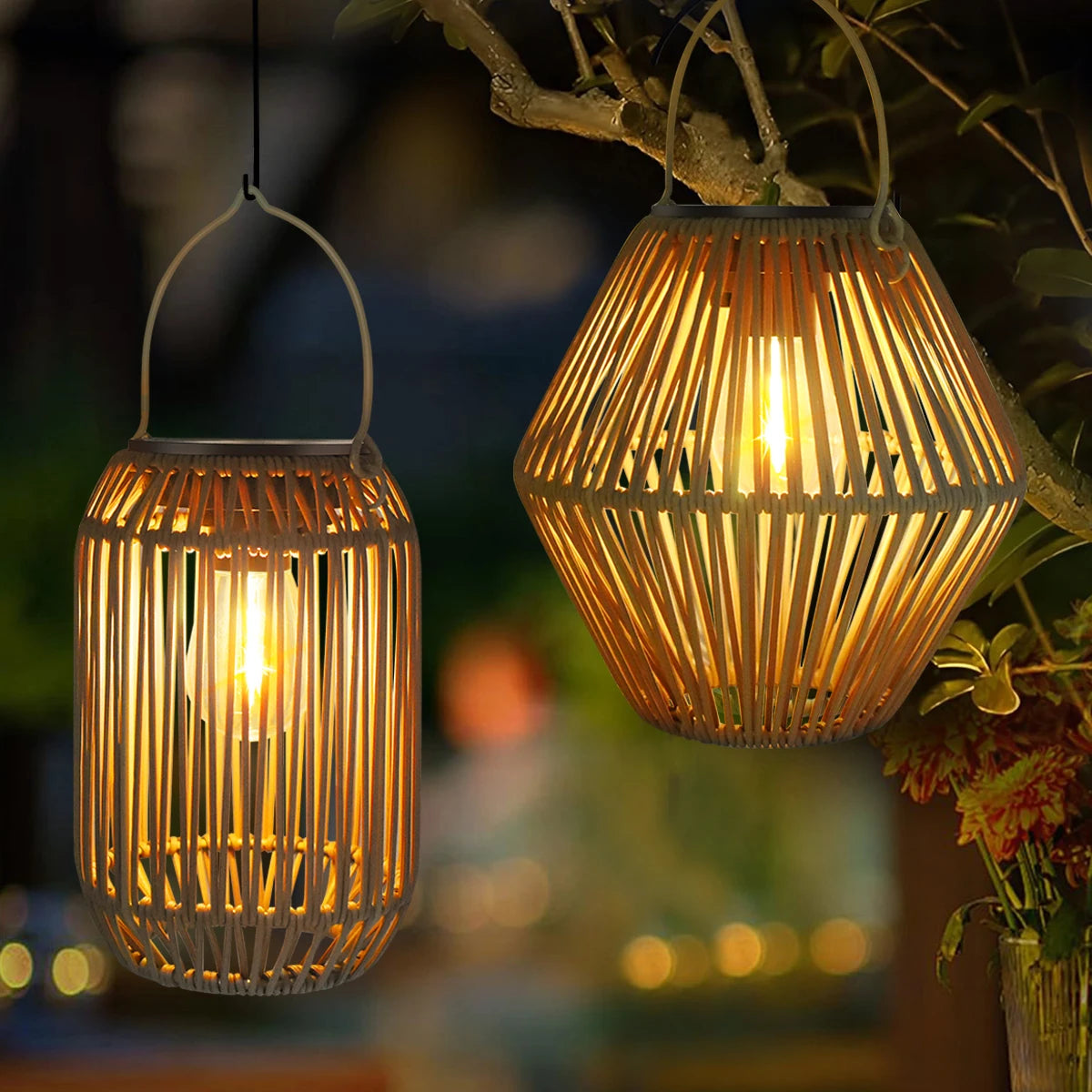 Hanging Solar Rattan Lantern — Woven, Warm White LED, Outdoor