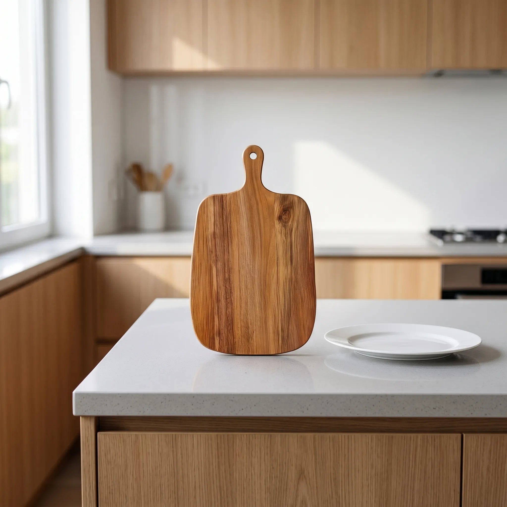 Wooden cutting board on a kitchen counter with a plate in the background kitchen
