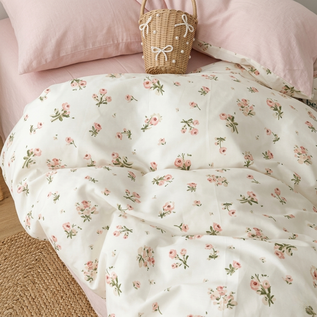 Floral-patterned comforter on a bed with pink pillows and a woven basket.