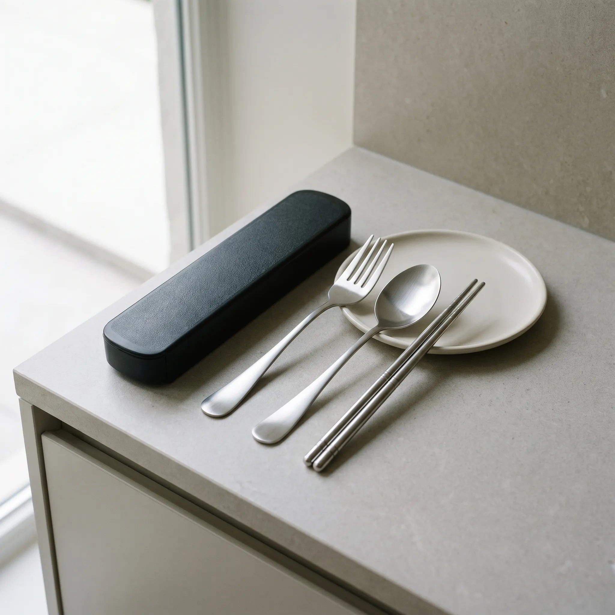 Stainless steel cutlery set with a black case on a light surface.