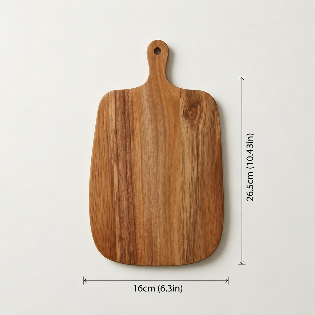 Wooden cutting board with dimensions on a white background