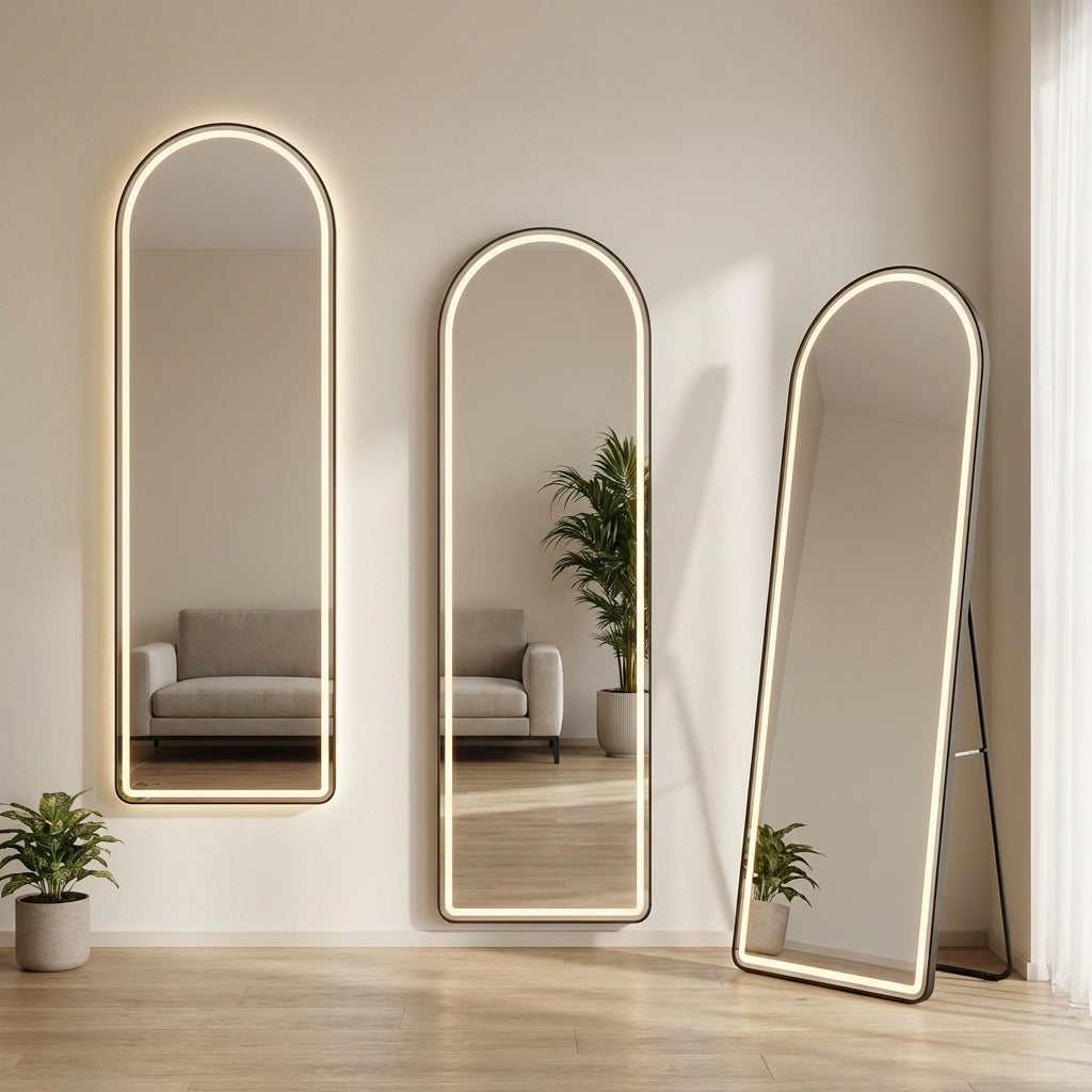 Three illuminated floor mirrors on a wall with a living room reflection.