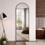Full-length mirror leaning against a wall in a room with a lamp and plants.