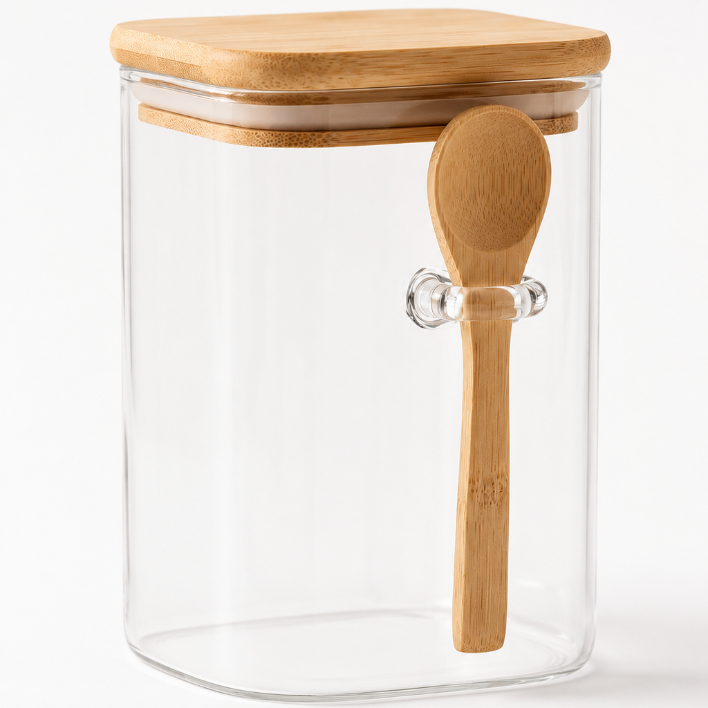 Clear glass jar with wooden lid and spoon on a white background