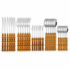 Complete 30-piece bamboo handle cutlery collection displayed in an organized arrangement.