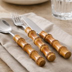 Close-up view of handcrafted bamboo handle cutlery showcasing natural texture and craftsmanship.