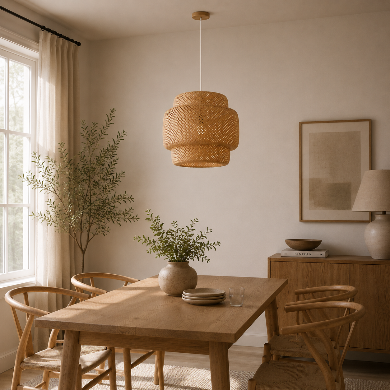 Handwoven Bamboo Pendant Light – Natural Rattan Ceiling Lamp, Boho Chandelier Foryuni