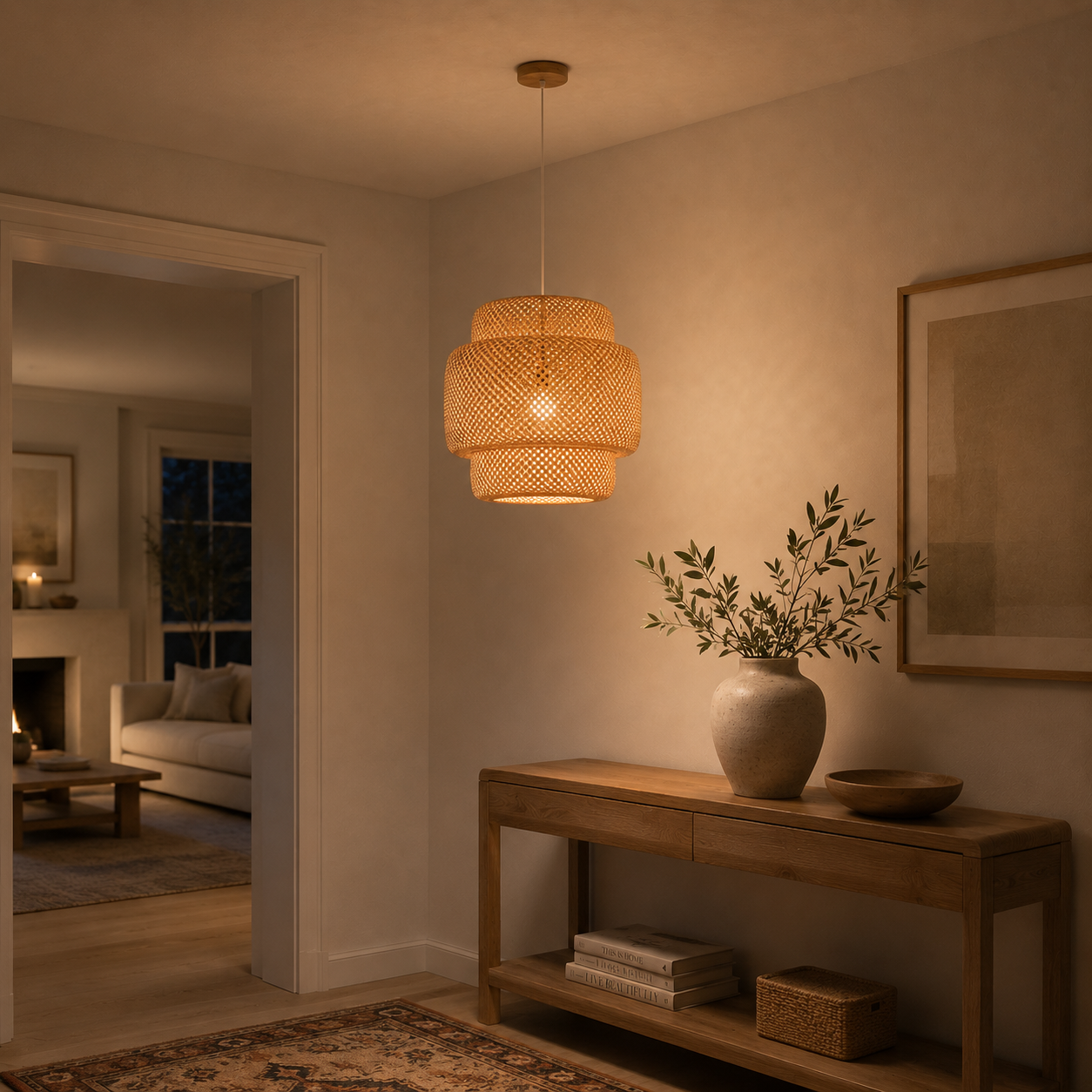 Handwoven Bamboo Pendant Light – Natural Rattan Ceiling Lamp, Boho Chandelier Foryuni