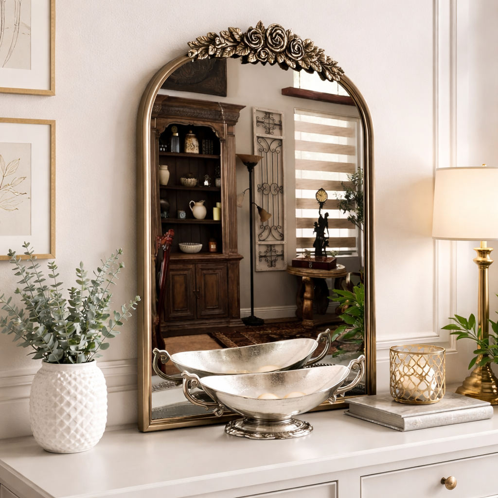 Decorative mirror with ornate frame on a white dresser with decorative items.