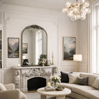 Luxurious living room with ornate fireplace, plush sofa, and decorative elements.