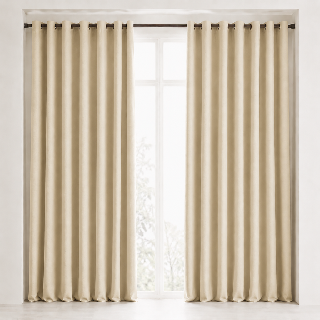 Beige curtains hanging in front of a window with a white background