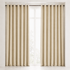 Beige curtains hanging in front of a window with a white background