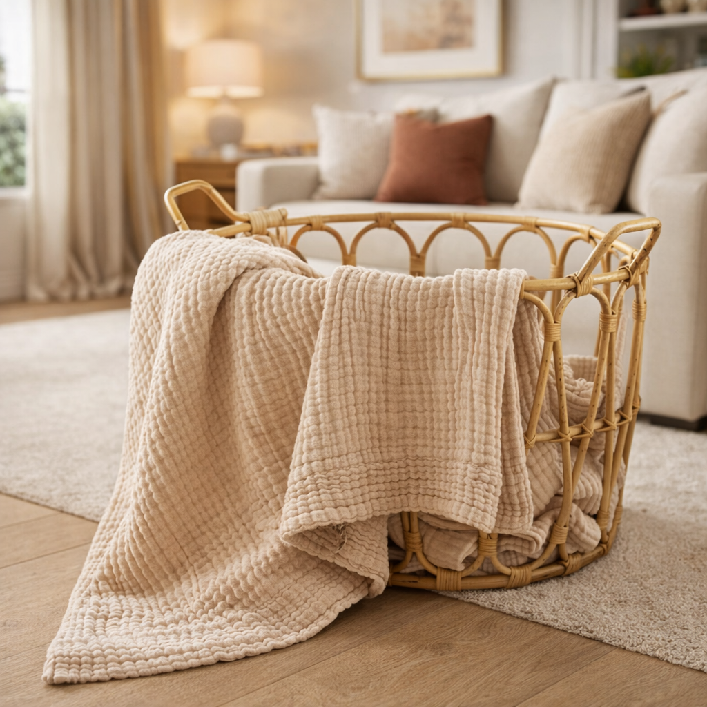 NIce beige throw in a basket in 100% cotton in a living room.