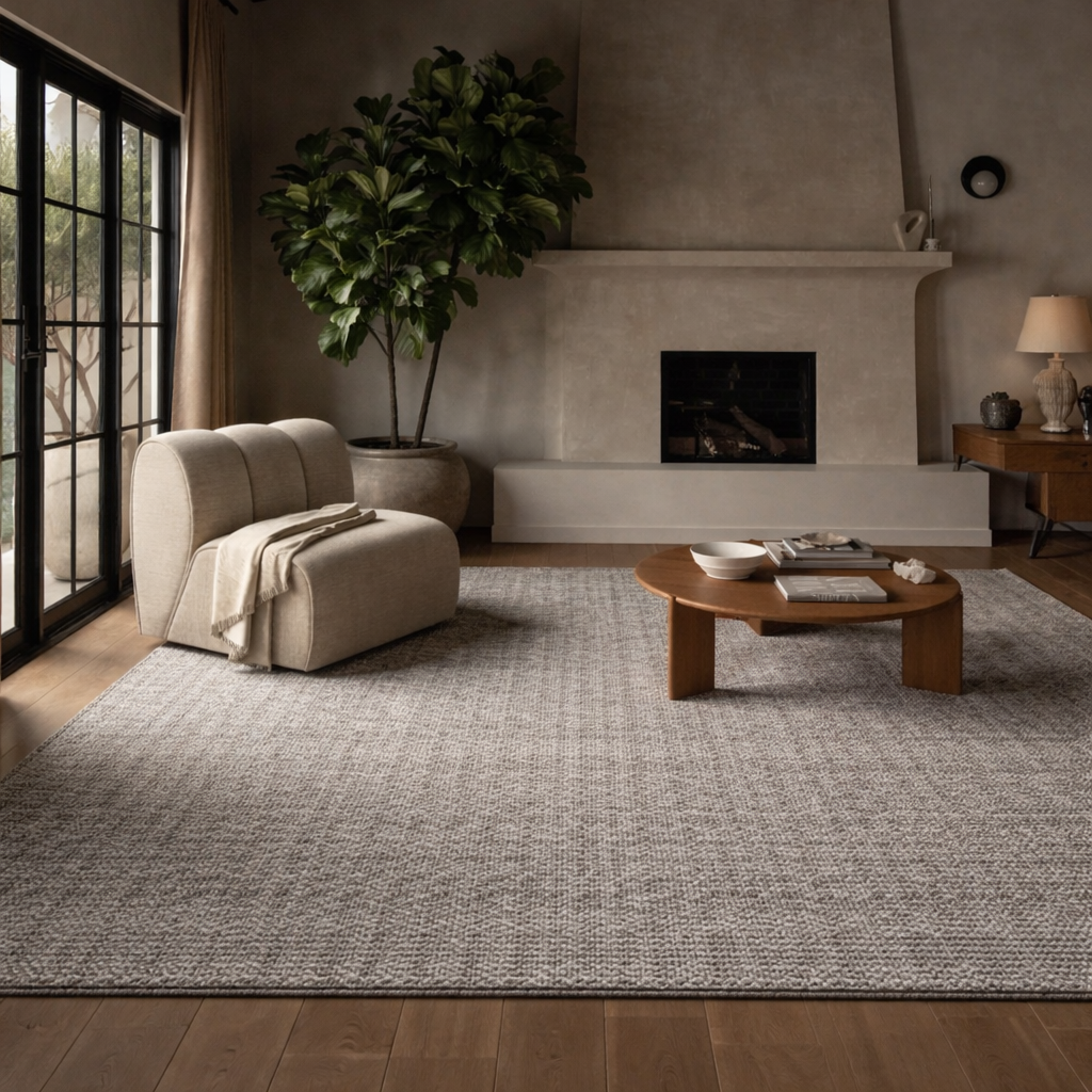 Modern living room with a beige armchair, coffee table, and fireplace.