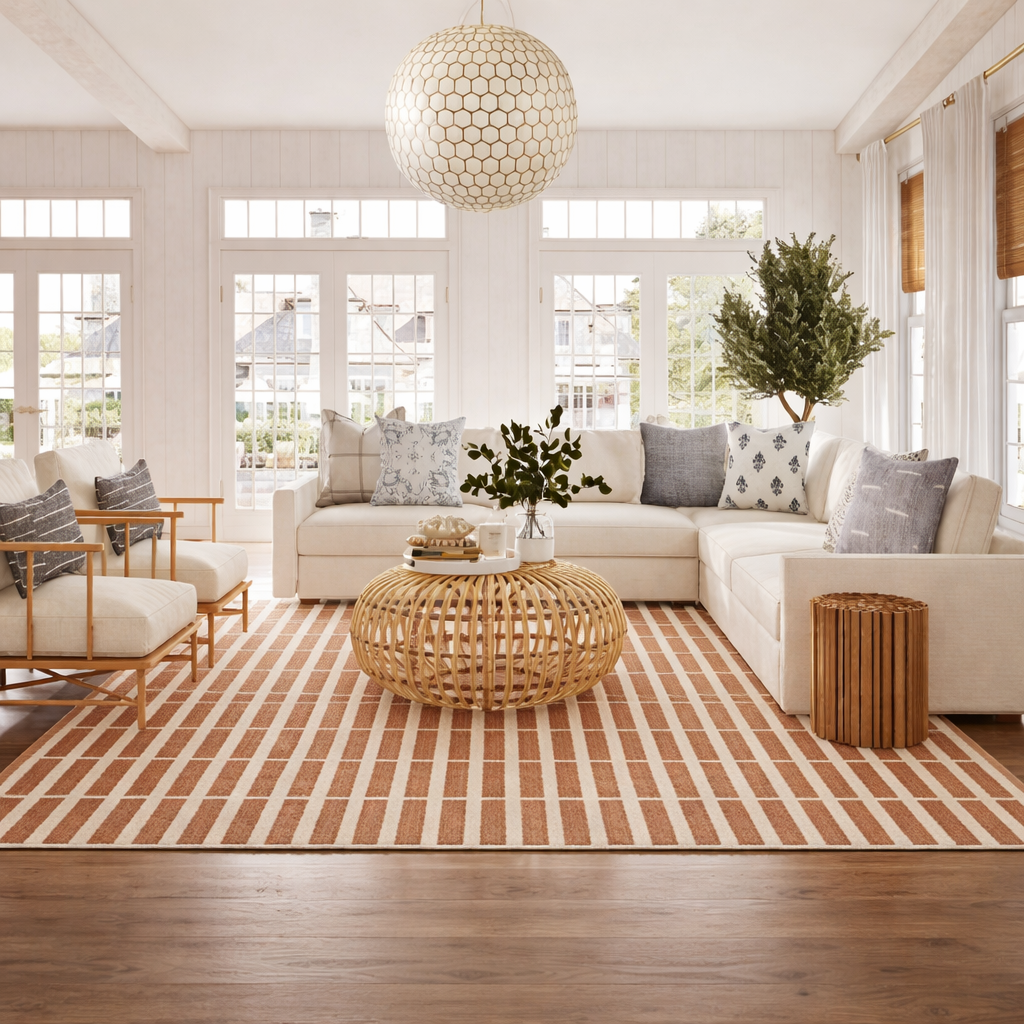 Living room with a sectional sofa, coffee table, and striped rug.