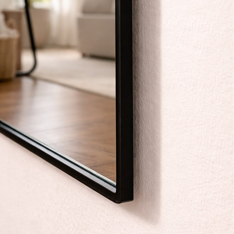 Black-framed mirror on a white wall with a blurred indoor background