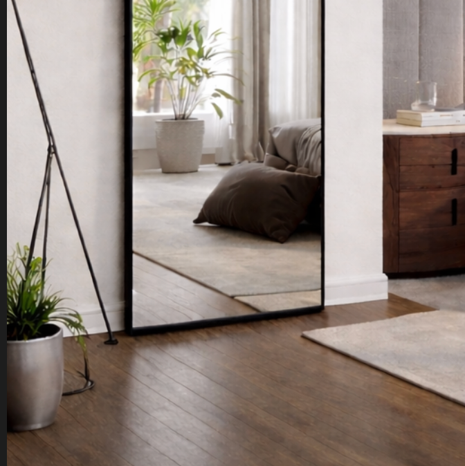 Modern interior with a sliding glass door, plants, and wooden furniture.