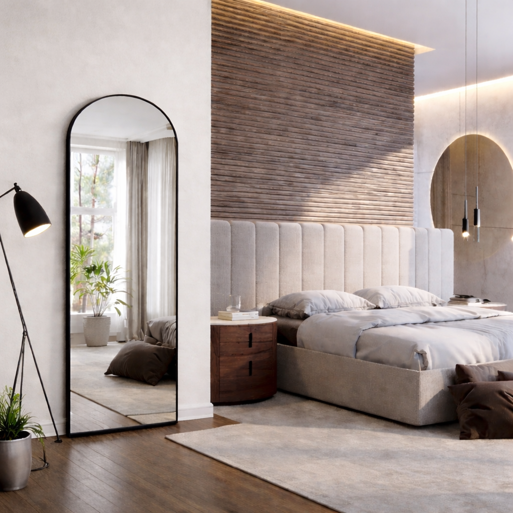 Modern bedroom with a large mirror, bed, and decorative elements.