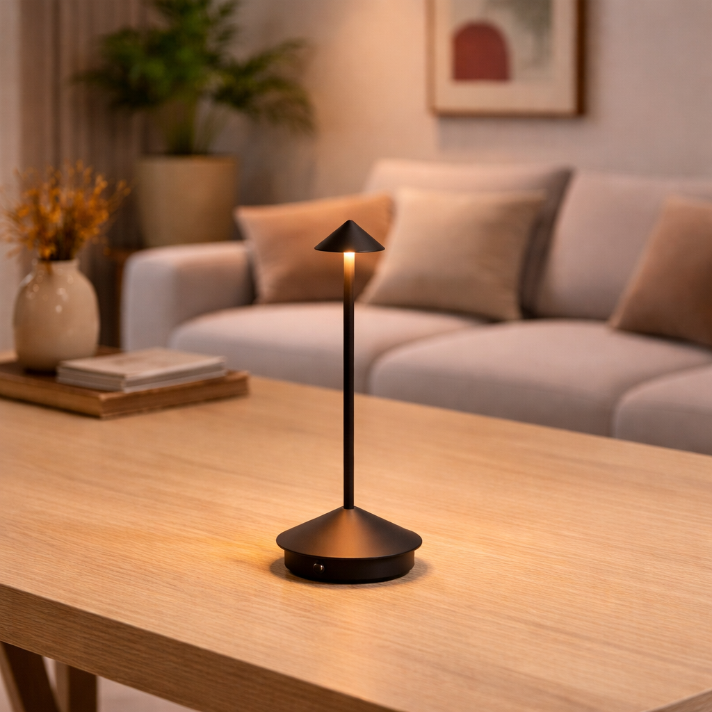 Black table lamp on a wooden table in a cozy living room setting.