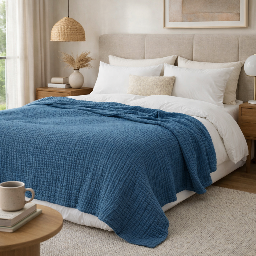 Blue nice cotton blanket on a bed in abedroom