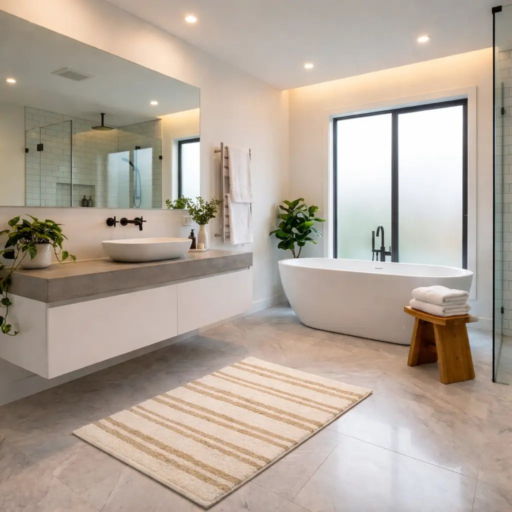 Modern bathroom with white bathtub, vanity, and decorative elements.