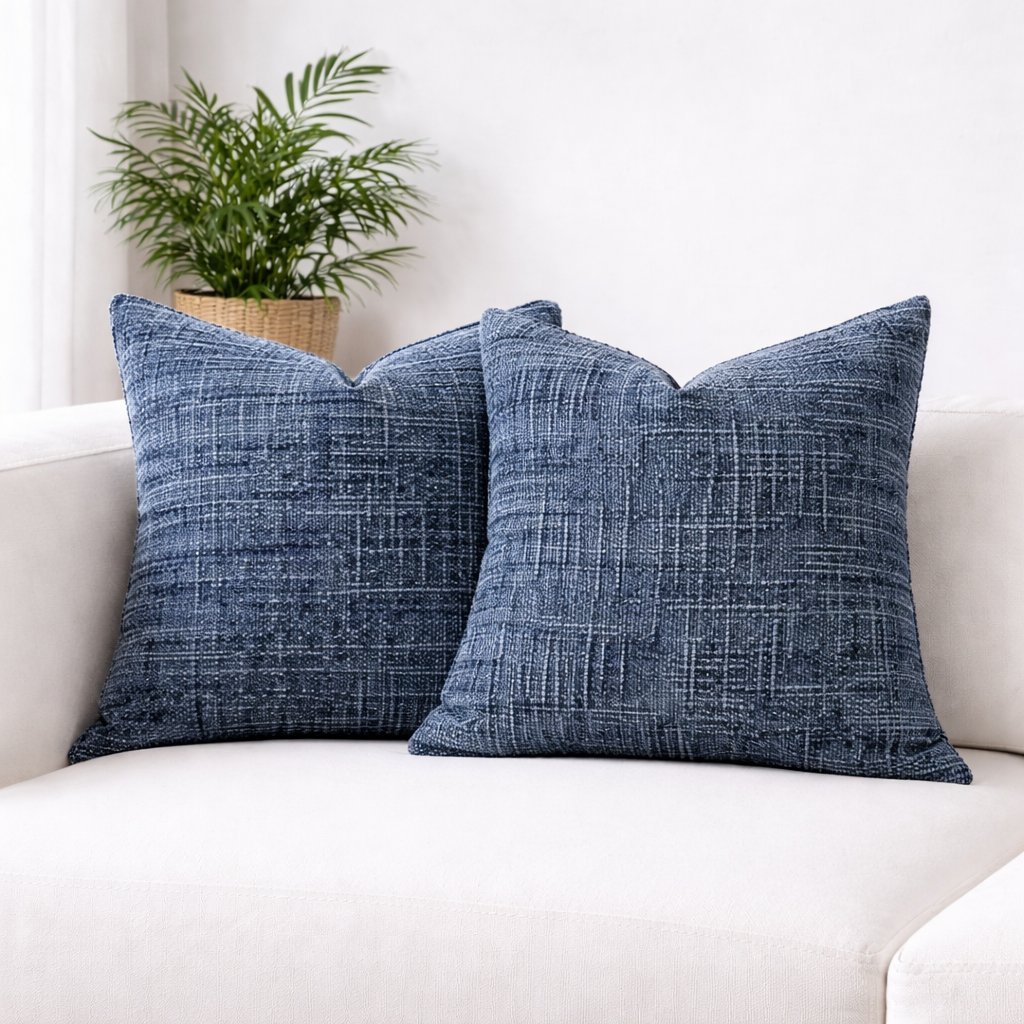 Two blue textured pillows on a white couch with a plant in the background.