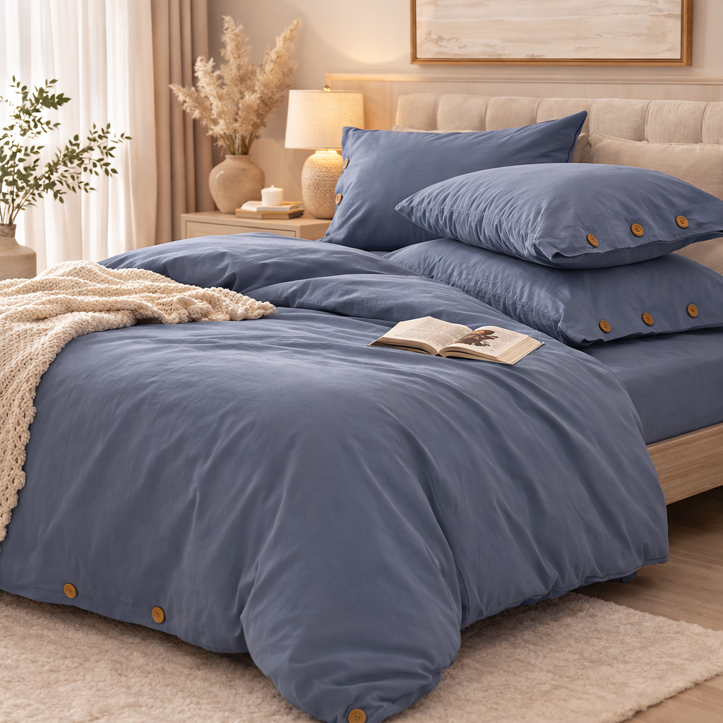 Blue bedding set on a bed in a bedroom with a lamp and plant in the background.