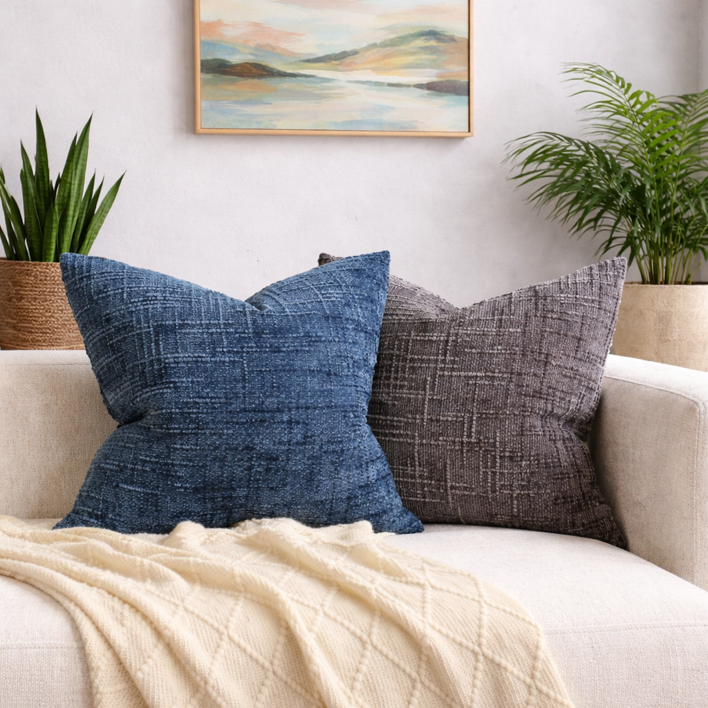 Two textured throw pillows on a couch with a landscape painting in the background.