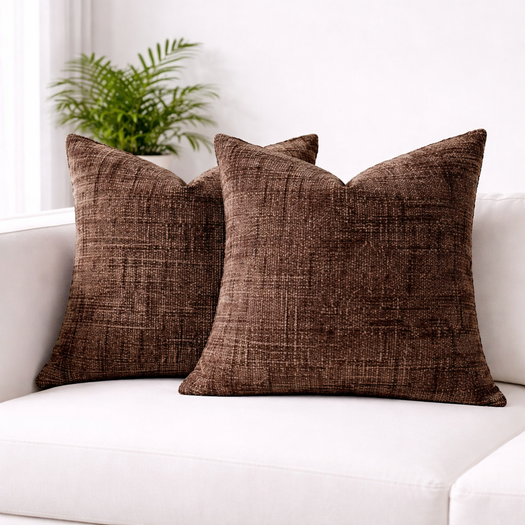 Brown textured pillows on a white sofa with a plant in the background