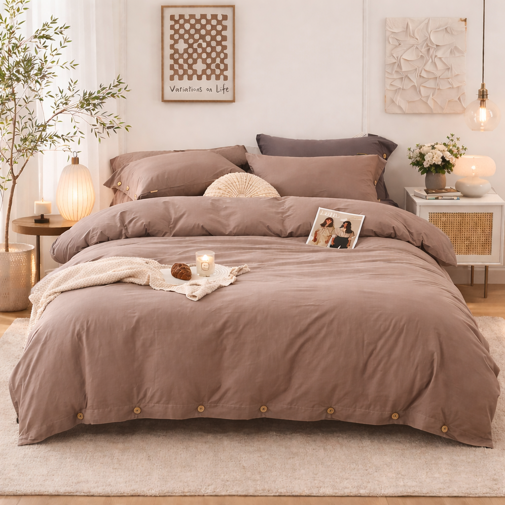 Bedroom with brown bedding and decorative elements