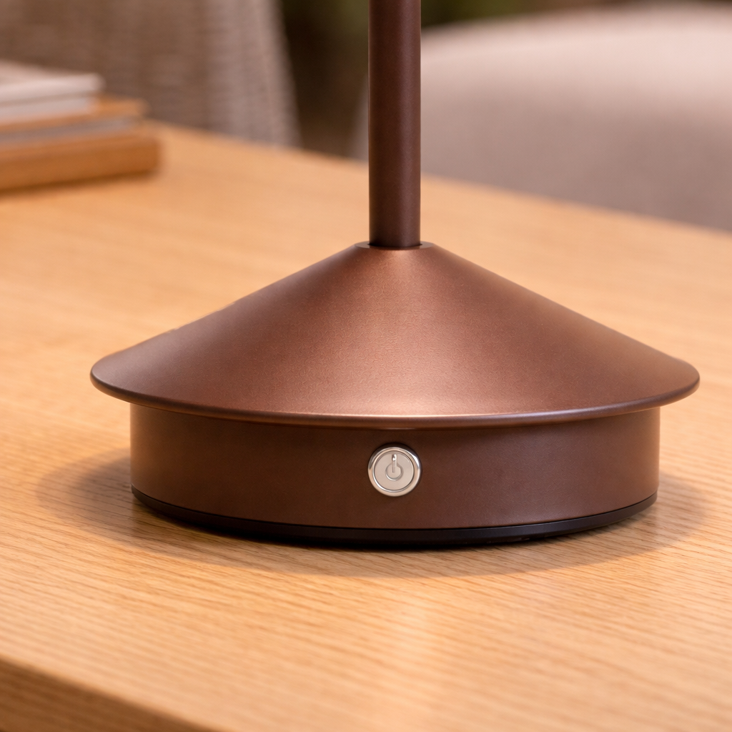 Brown lamp base on a wooden surface