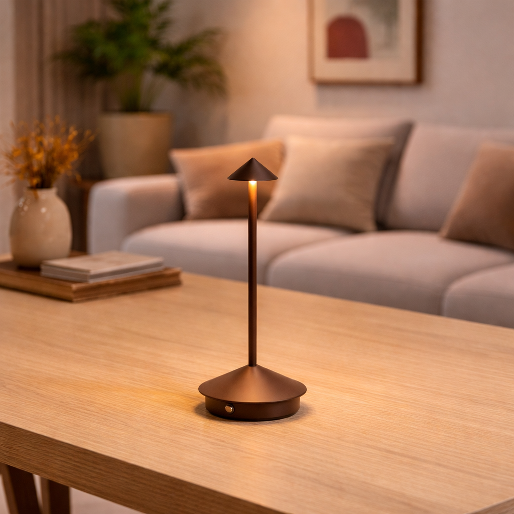 Table lamp on a wooden table in a cozy living room setting