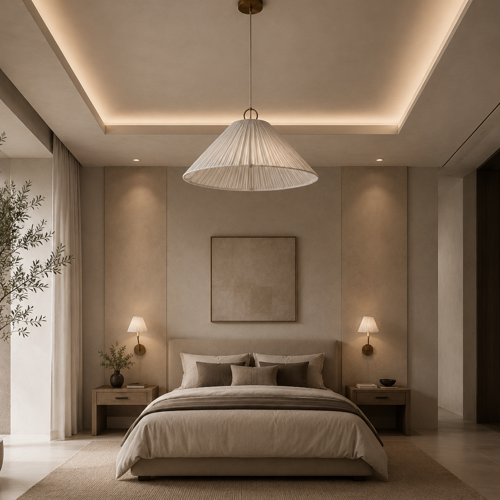 Modern bedroom with a bed, pendant light, and wall art.