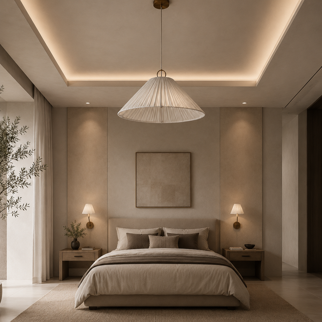 Modern bedroom with a bed, pendant light, and wall art.