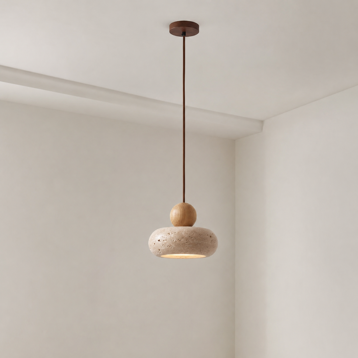 Stone & Wood Donut Pendant Light – Minimalist Wabi-Sabi Ceiling LED Lamp Foryuni
