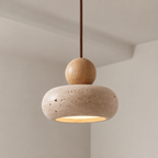 Stone & Wood Donut Pendant Light – Minimalist Wabi-Sabi Ceiling LED Lamp Foryuni