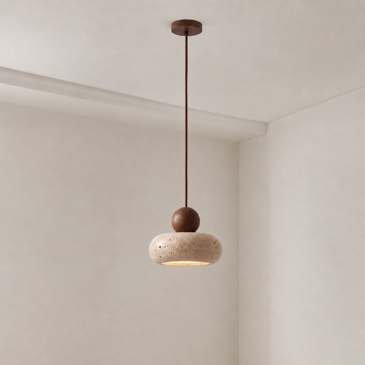 Stone & Wood Donut Pendant Light – Minimalist Wabi-Sabi Ceiling LED Lamp Foryuni
