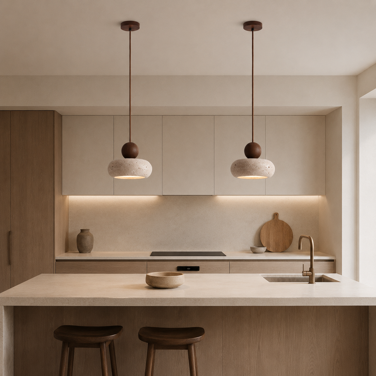 Stone & Wood Donut Pendant Light – Minimalist Wabi-Sabi Ceiling LED Lamp Foryuni