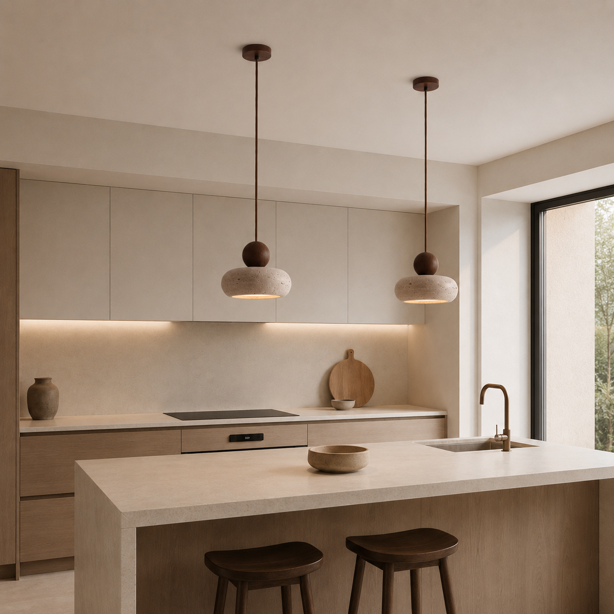 Stone & Wood Donut Pendant Light – Minimalist Wabi-Sabi Ceiling LED Lamp Foryuni