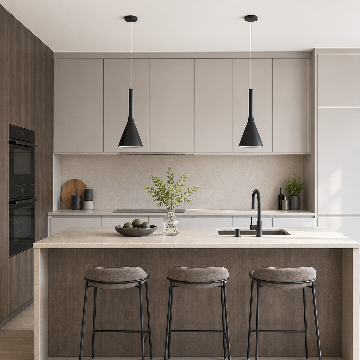 Modern kitchen with beige cabinets, a island, and bar stools.